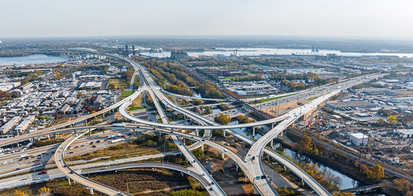 aerial view of highway bridges