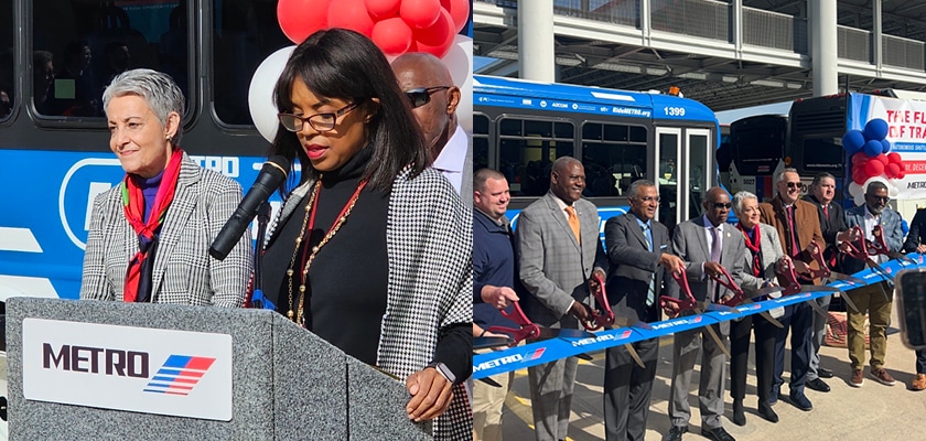 woman speaking at podium to the left and people cutting a ribbon to the right