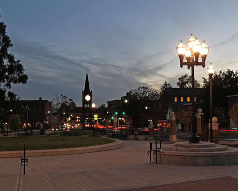 The pedestrian plaza at dusk