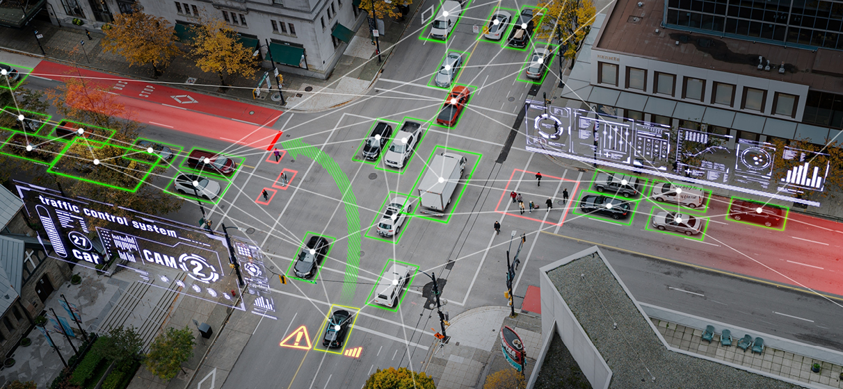 Cars at an intersection with data overlays