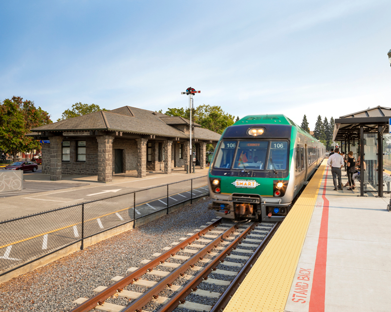 A Sonoma-Marin Area Rail Transit (SMART) train stops for passengers