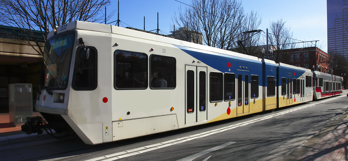 TriMet light rail cars ride through Portland