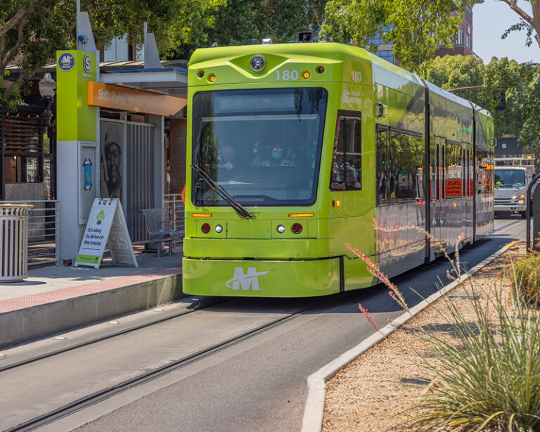 A Valley Metro train pulls into the station