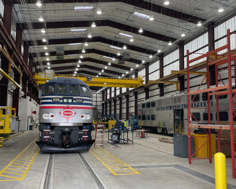 A Virginia Railway Express locomotive inside the Lifecycle Overhaul and Upgrade Facility.