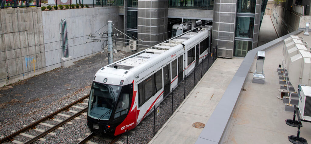 An Ottawa LRT train leaving the station