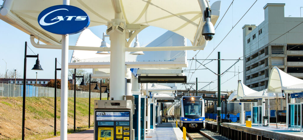 A CATS LYNX Blue Line train pulls in