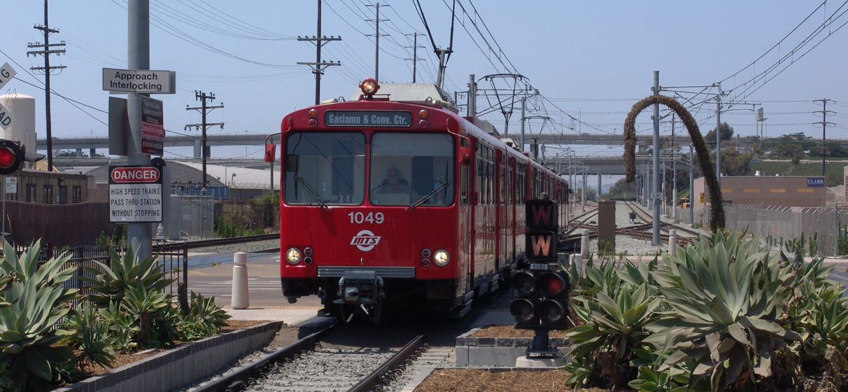 A trolley pulls into station.