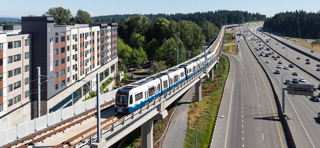 A SoundTransit Link train rides through Seattle