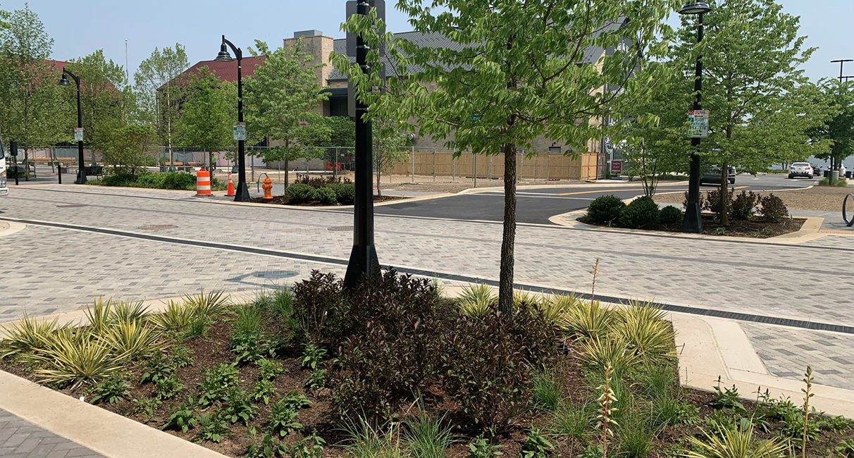 The newly completed streetscape at Baltimore Peninsula