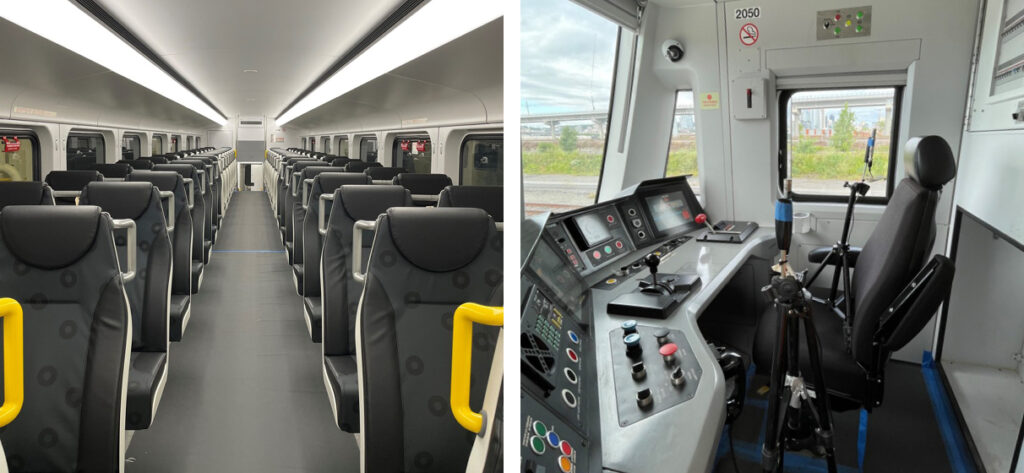 (L) Inside the cabin of the new Montreal Exo trains. (R) The conductors seat in the new Montreal Exo trains.