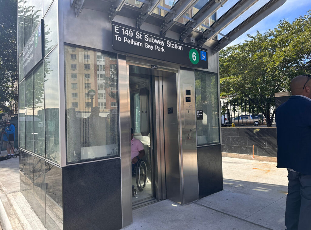 The street level elevator at the E 149th Street subway station.