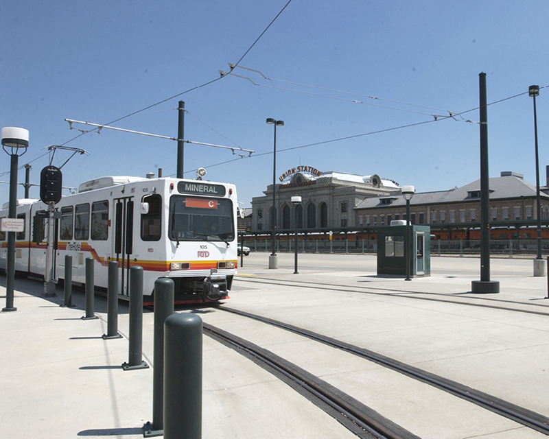 A Denver RTD train in front of Union Station