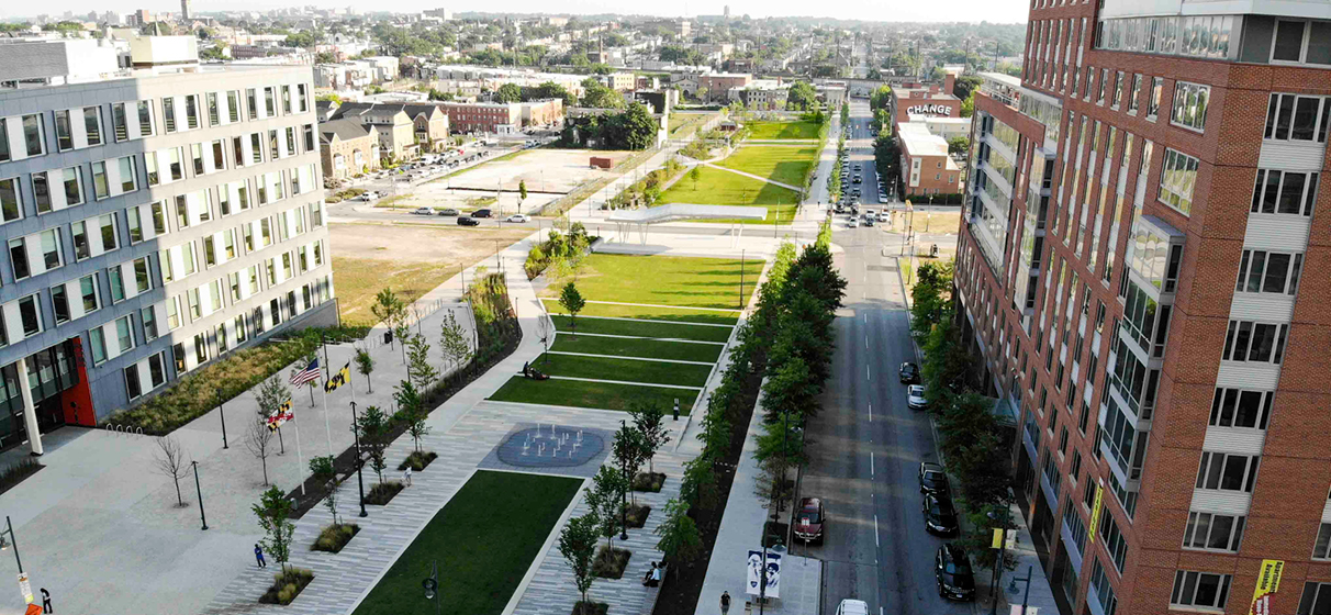 An aerial view of the EBDI footprint, featuring Eager Park and its surrounding development.