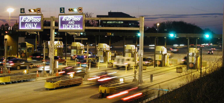 Vehicles pass the Valley Forge EZPass Toll Plaza and Interchange.