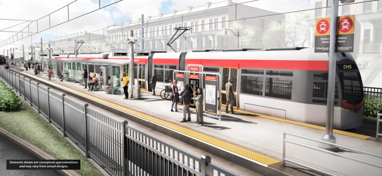 Rendering of a Maryland Red Line train at a station.