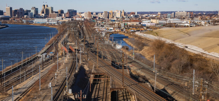 Sawtooth Bridges along the Northeast Corridor (NEC) at convergence of Amtrak, NJ Transit, PATH and Conrail in Kearny Meadows NJ.