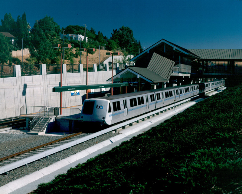 A BART train leaves the station.