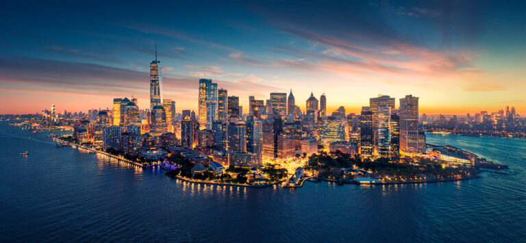 Aerial view of Manhattan from above Battery Park City.