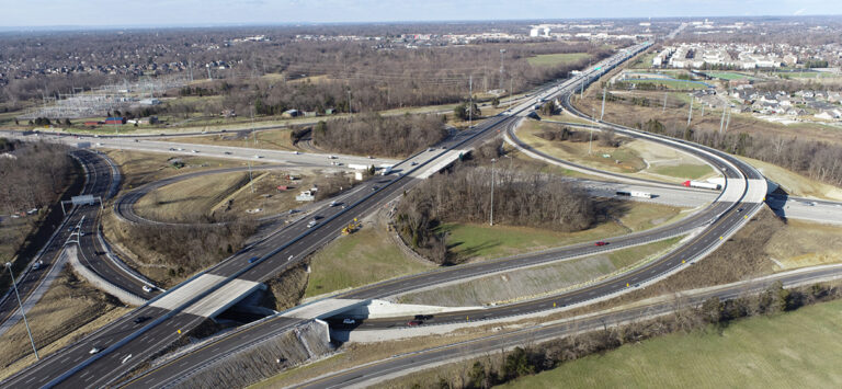 o Aerial view of Kentucky’s first partial turbine interchange at I-64/I-265, eliminating high-volume loop ramps and easing weaving traffic to provide safety and mobility improvements as part of the I-Move Kentucky project.