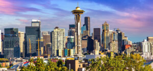 The Seattle skyline at dusk.