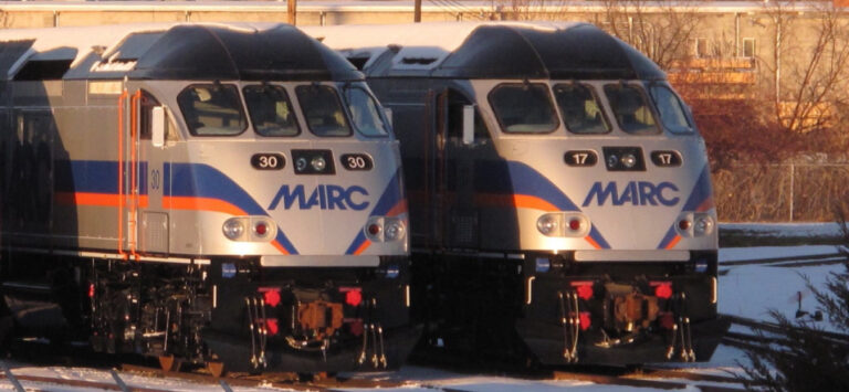 MARC trains in a yard.