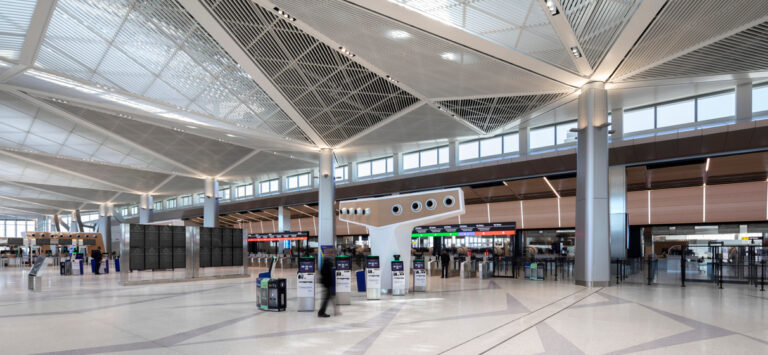 Passengers move through the new Terminal A at Newark International Airport.