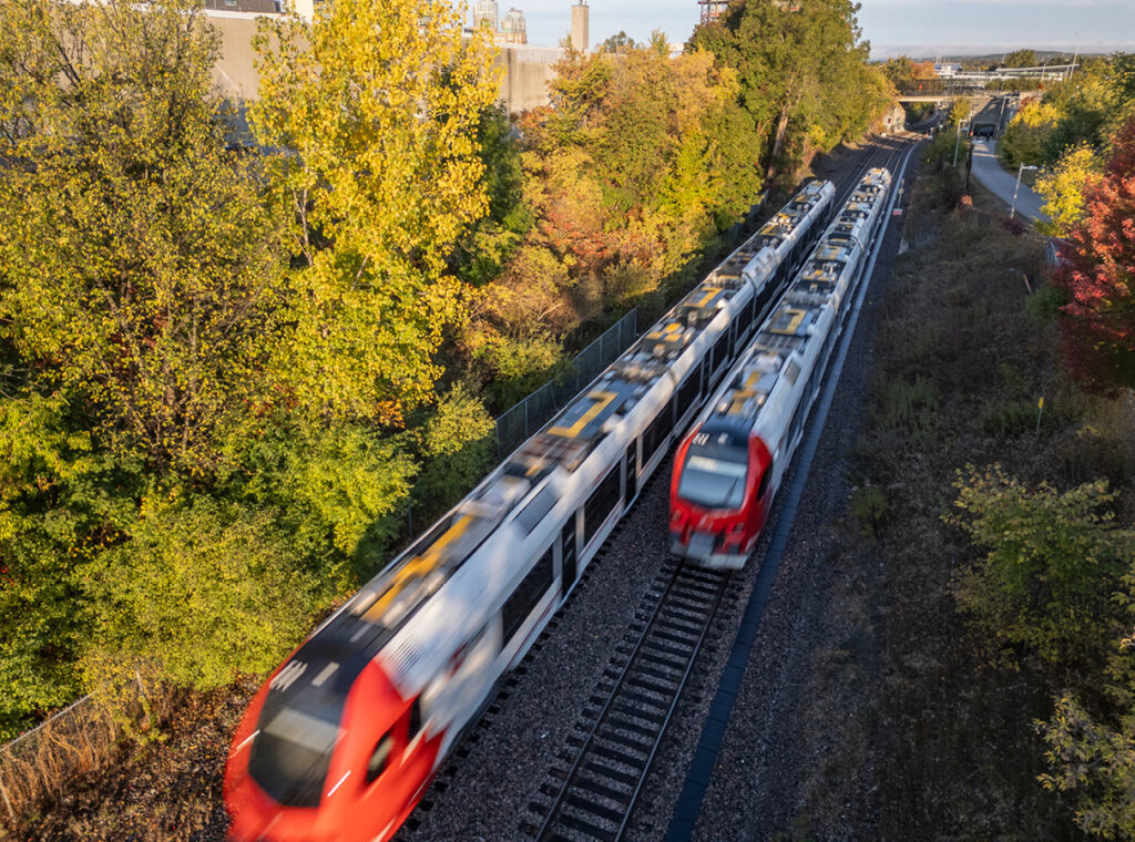 Aerial view of new Ottawa O-Train South light rail transit during testing.