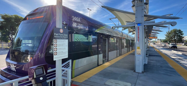 A Valley Metro train pulls into the station.