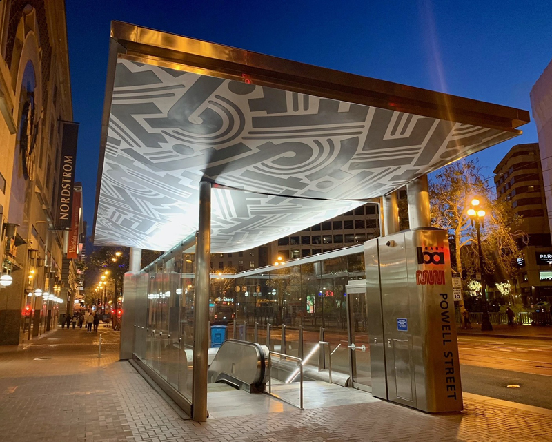 View of the art on the underside of the canopy at the Powell Street entrance