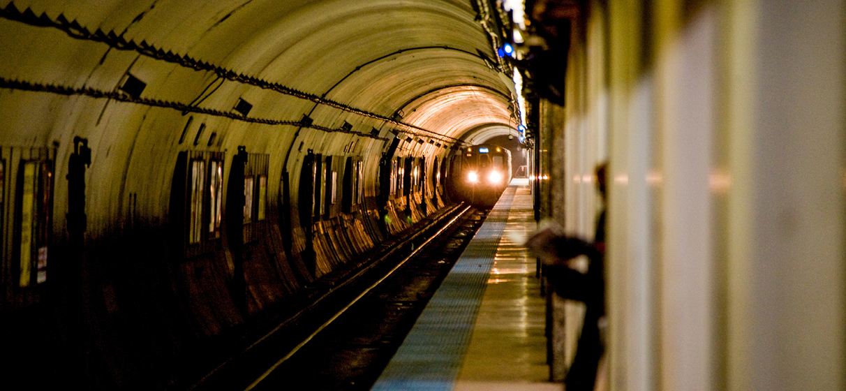 A CTA train pulls into station.