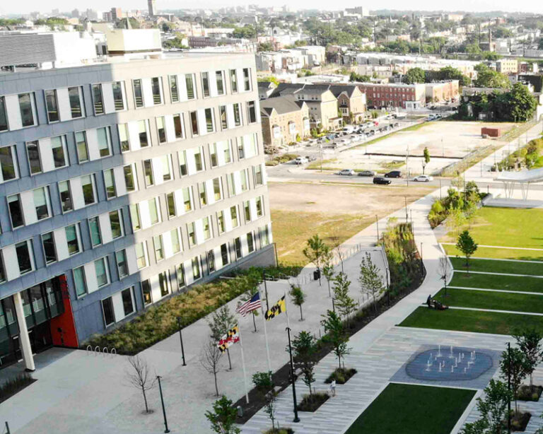 An aerial view of the EBDI footprint, featuring Eager Park and its surrounding development.