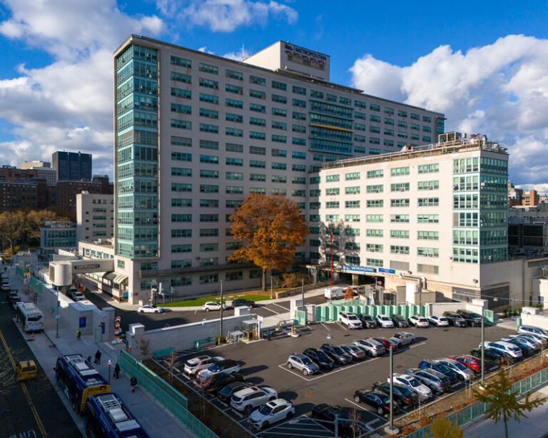 Aerial view of Metropolitan Hospital with its new flood wall.