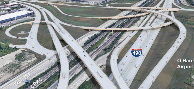 Six bridges crossing York Road, Canadian Pacific Kansas City, Union Pacific Railroad and I-490