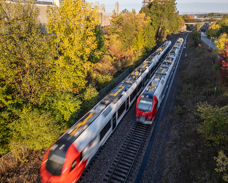 Aerial view of new Ottawa O-Train South light rail transit during testing.