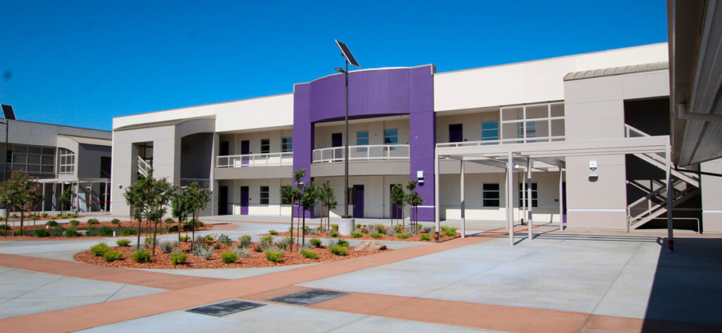 Exterior view of middle school in Fremont, California, showing entrance and main courtyard