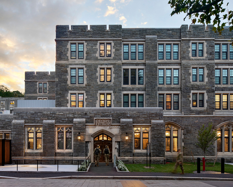Exterior views of Grant Hall at the U.S. Military Academy a West Point.