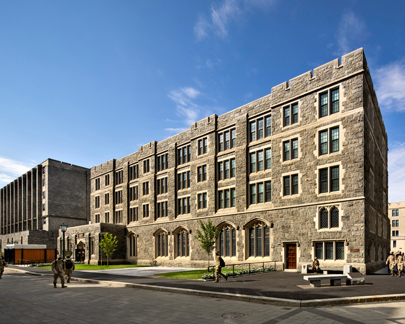 Exterior views of Grant Hall at the U.S. Military Academy a West Point.