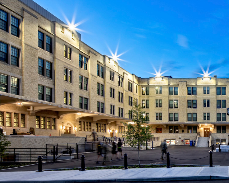 Exterior views of Grant Hall at the U.S. Military Academy a West Point.