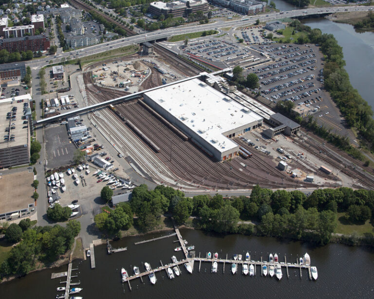 Aerial view of MBTA Wellington Carhouse facility.