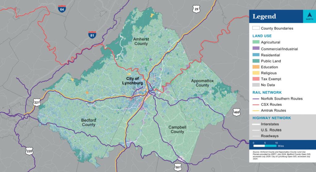 Land use graphic indicating study area for the Central Virginia Rail Economic Development Study