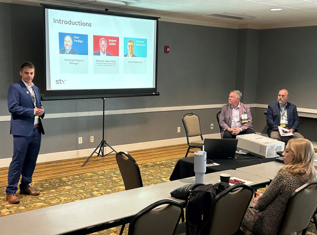 Thomas Redstone and Rob Spillar address the KAED audience during their presentation