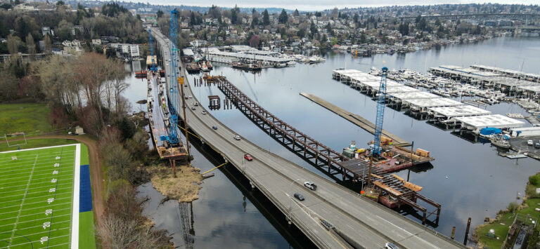 Aerial view of construction progress on the work platforms that crews will use to build the new Portage Bay Bridge.