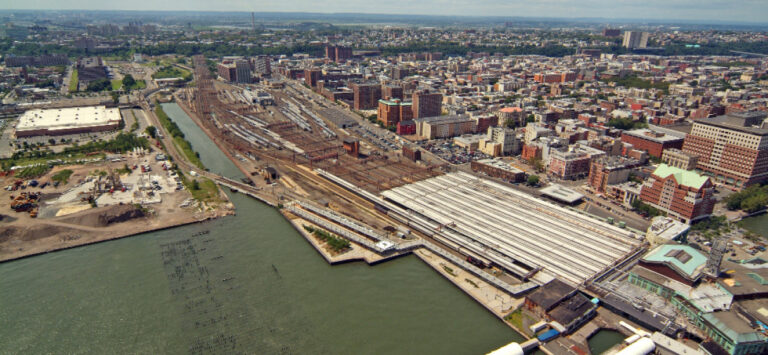 Aerial view of the Hoboken Ferry Terminal Long Slip in New Jersey