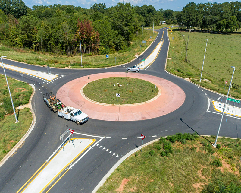 Aerial view of the roundabout leading to the S-75 Cherokee Road Bridge