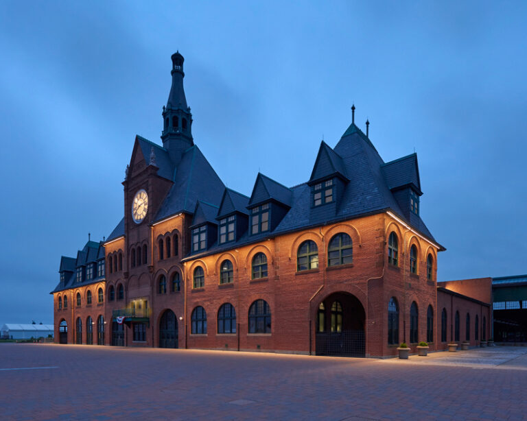 Exterior views of the historic CRRNJ Terminal building following its restoration.