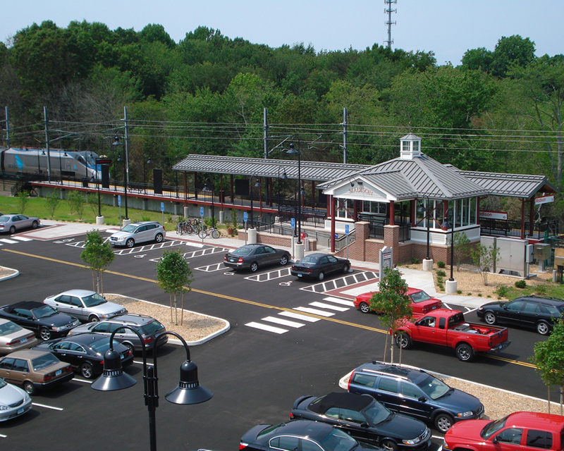 View of a Connecticut public rail parking facility.