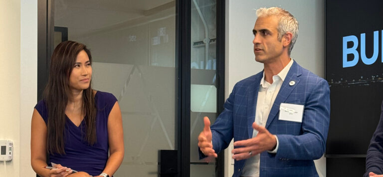 STV Board Member Lynda Tran and STV Executive Vice President Garo Hovnanian at a New York Tech Week Panel at STV’s Empire State Building office