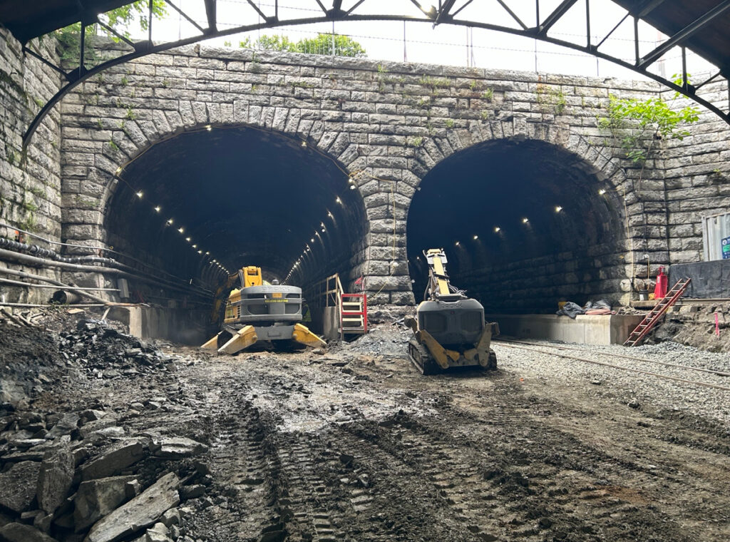 Ground view of twin Howard Street tunnels under construction.