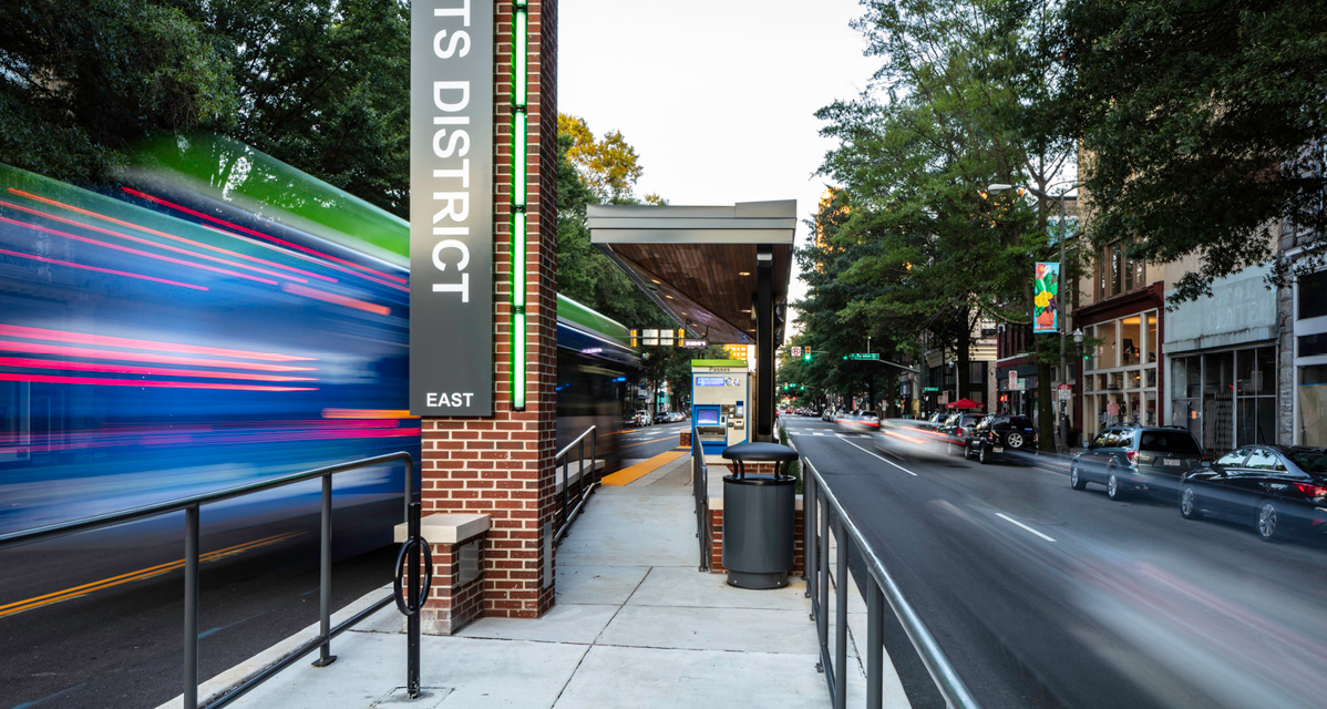 A Pulse BRT vehicle moves through Richmond, VA.