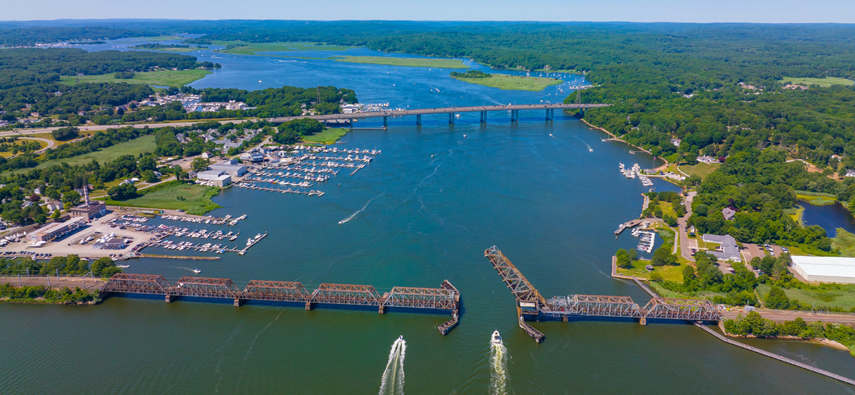 Old Saybrook Old Lyme Bridge (train) and Raymond E. Baldwin Bridge (vehicle on Interstate Highway 95) at the mouth between town of Old Saybrook and Old Lyme, Connecticut.